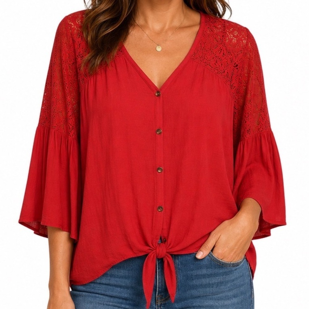 Knox Rose Womens XXL Red Lace Bell Sleeve Tie Front Button Down Boho Blouse